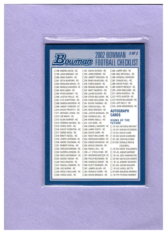 2002 BOWMAN FOOTBALL CHECKLIST 2 198-275 + INSERTS